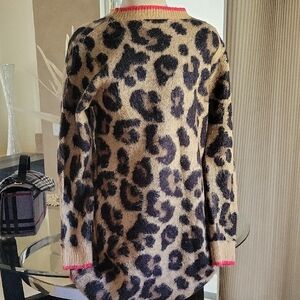 Leopard Print Crew Neck Sweater with Pink Trim